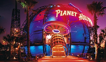 Walt Disney World Planet Hollywood The flying saucer-like entrance to Planet Hollywood lit up at night