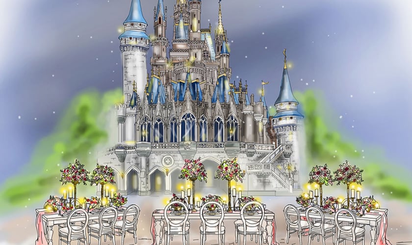 Illustration of formally set tables with chairs outside Cinderella Castle at night