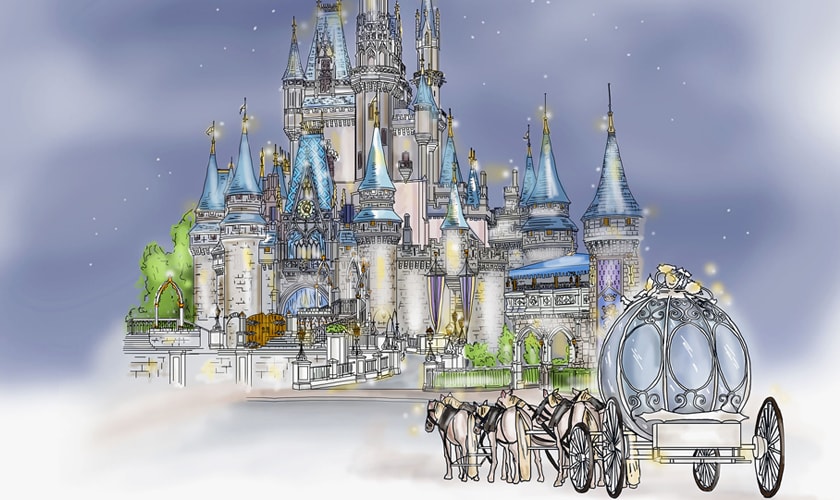 Illustration of Cinderella's Crystal Coach led by 6 horses outside Cinderella Castle at night