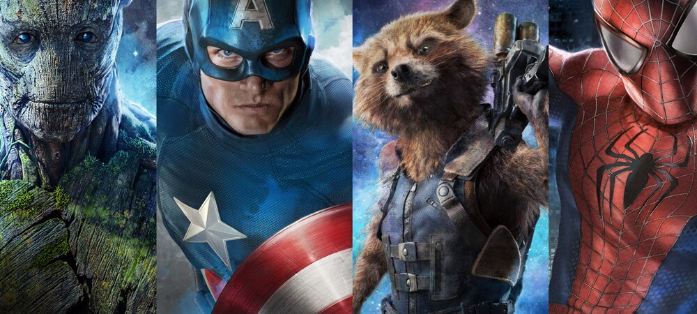 The faces of Groot, Captain America, Rocket Raccoon and Spider-Man The faces of Groot, Captain America, Rocket Raccoon and Spider-Man