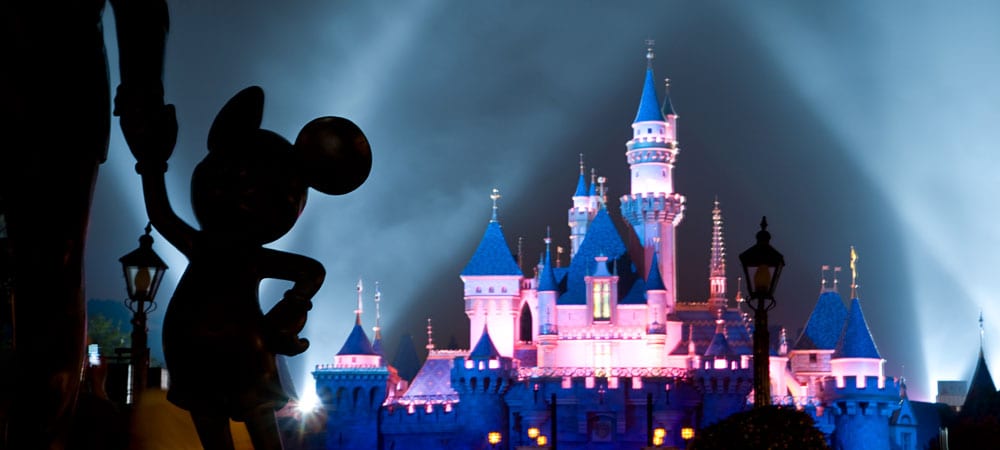 Sleeping Beauty Castle at Night with Spotlights