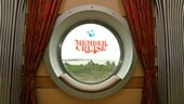 Curtains framing a window featuring the Disney Vacation Club MEMBER CRUISE logo and a view of palm trees and ocean