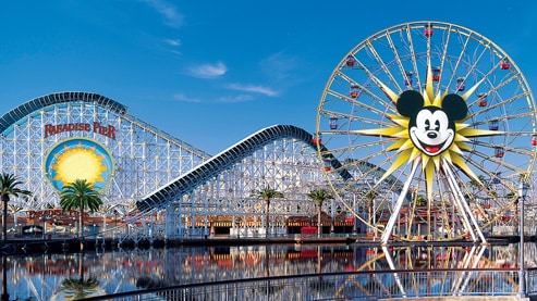 The Paradise Pier area roller coaster and ferris wheel at Disney California Adventure Park