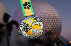 Walt Disney World 5K medal in front of Spaceship Earth at Epcot during Walt Disney World Marathon Weekend.