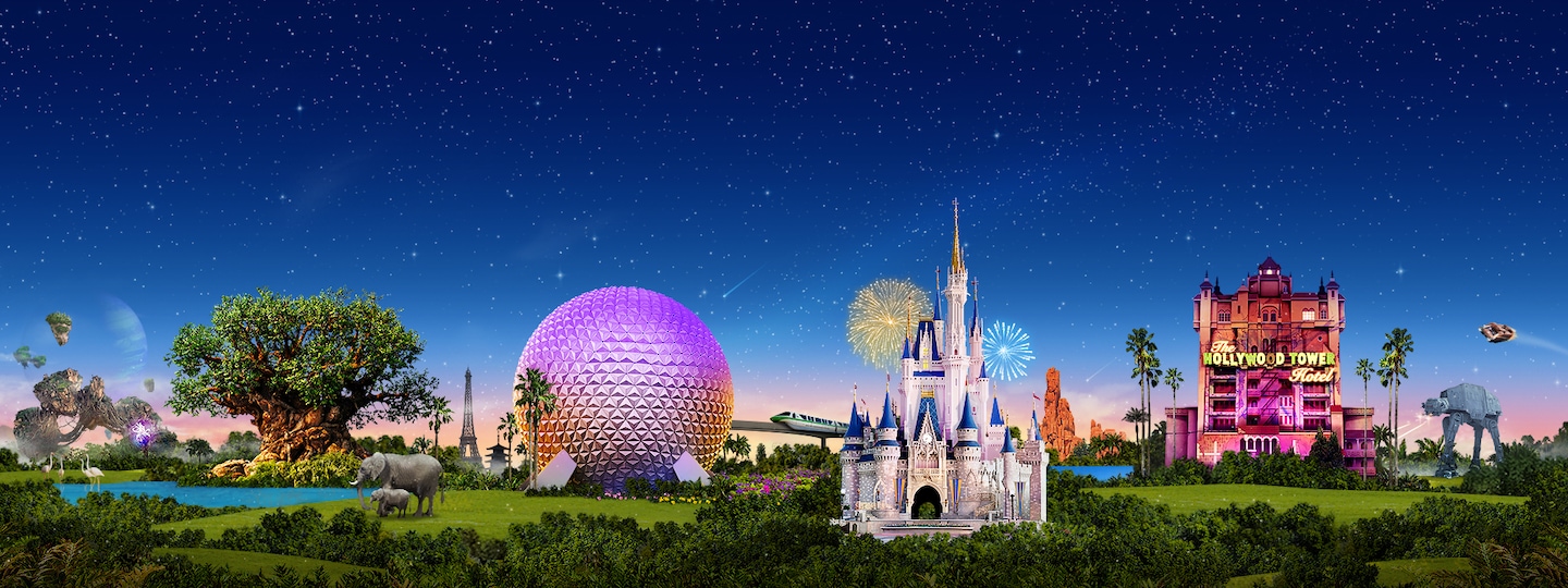 Landmarks from each of Walt Disney World Resortâs 4 parks light up against the night sky