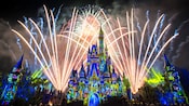 A fireworks display over an illuminated Cinderella Castle A fireworks display over an illuminated Cinderella Castle