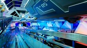 Sleek lines, designs and surfaces inside Space Mountain resemble an impressive space station