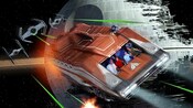 A Starspeeder 1000 vehicle travels past the collapsing Death Star