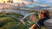 Um menino voa pelos céus de Pandora com os Na'vi e banshees da montanha