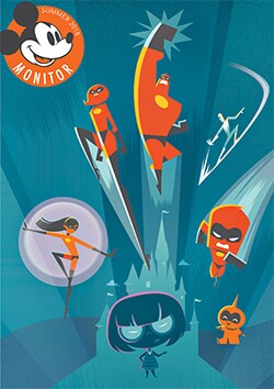 An illustration of Elastigirl, Mr Incredible, Frozone, Violet, Dash, Jack Jack, Edna Mode and Cinderella Castle with a logo of Mickey Monitor for summer 2018