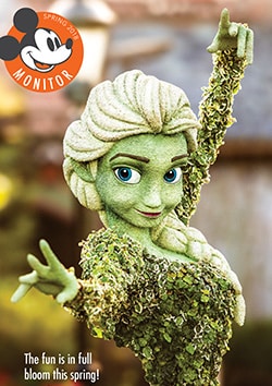 A topiary of Elsa with superimposed words that read The fun is in full bloom this spring