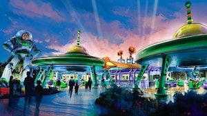 Concept art of Toy Story Land with a giant figure of Buzz Lightyear and the Alien Swirling Saucers spinner ride under 2 retro flying saucer shaped structures