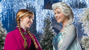 Anna & Elsa smile at one another during the Frozen Holiday Wish transformation at Magic Kingdom park