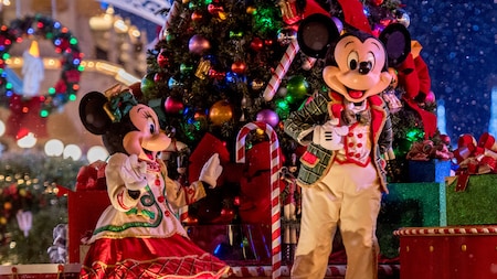 Mickey and Minnie Mouse dressed in festive holiday clothing while standing next to a Christmas tree
