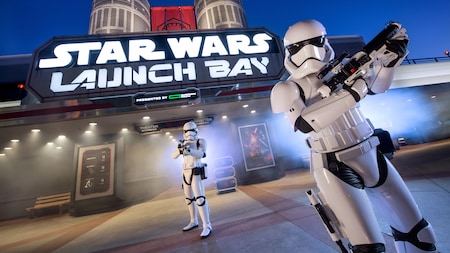 A menacing duo of First Order Stormtroopers standing guard directly in front of Star Wars Launch Bay