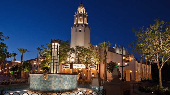 The entrance and campanile of the Carthay Circle Restaurant in Disney California Adventure Park
