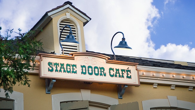 Western-themed entrance sign for Stage Door Cafe at Disneyland Park