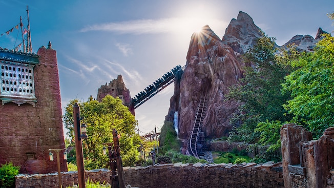 A train ascends Mt. Everest at Expedition Everest - Legend of the Forbidden Mountain