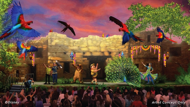 An illustration of Dug and Russell on a stage with an eagle, a peacock and a variety of parrots in front of an audience 