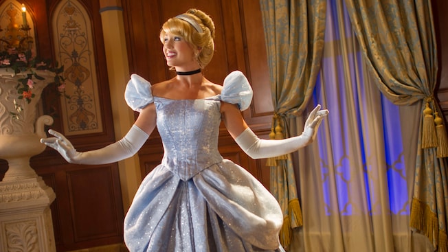 Cinderella strikes a pose at Princess Fairytale Hall in Fantasyland at Magic Kingdom park