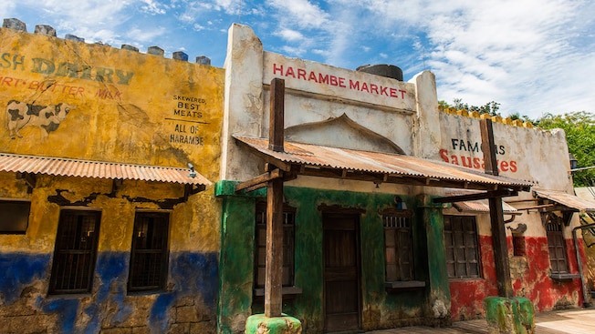 Clouds lord above the rustic walk-up windows of Harambe Market at Disneyâs Animal Kingdom theme park