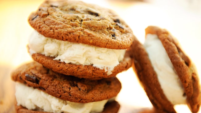 Ice cream sandwiches on fresh-baked cookies sit on the counter