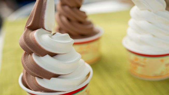 Cups of chocolate vanilla swirl soft serve ice cream from Auntie Gravity's Galactic Goodies