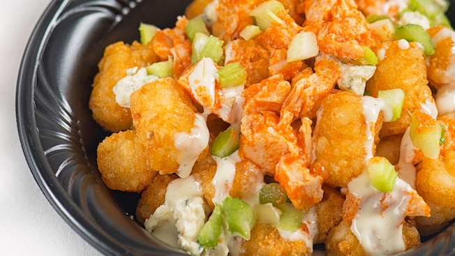 Tater tots topped with chicken, cheese and celery