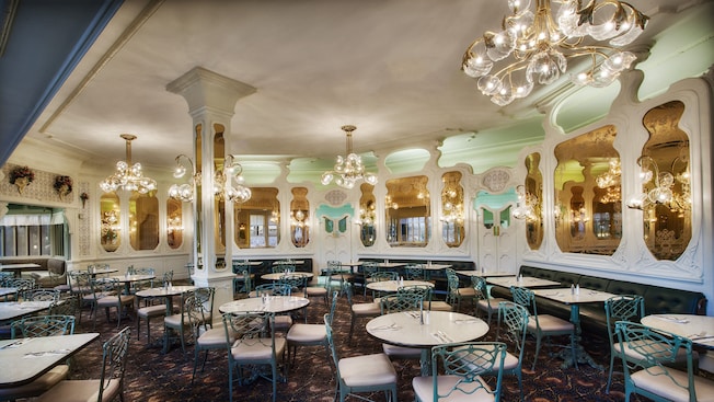 The dining area inside The Plaza Restaurant at Magic Kingdom park