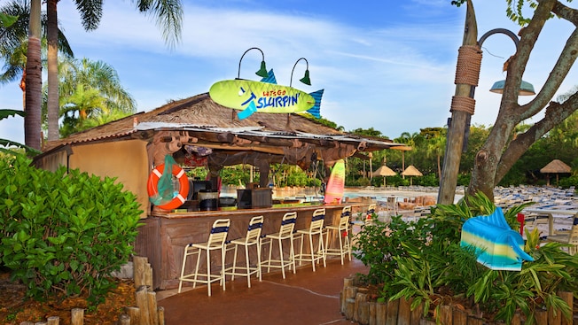Beach-themed Let's Go Slurpin' quick-service pool bar at Disney's Typhoon Lagoon water park