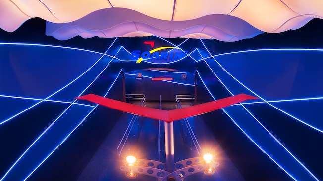 Airport-themed entrance and queue to the Soarin' attraction in Future World at Epcot