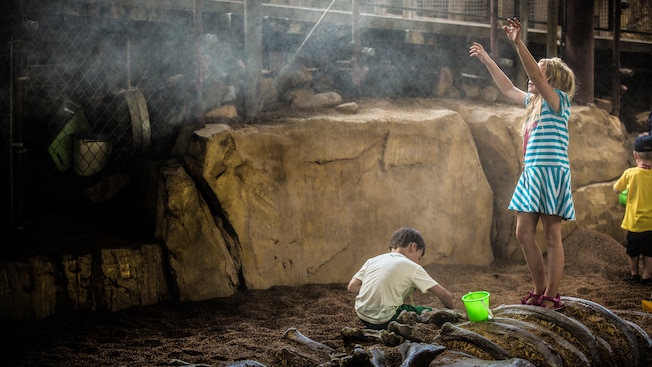In The Boneyard, a boy digs near a fossil while his sister reaches upward