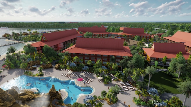 The longhouses and freeform shaped Lava Pool at Disneyâs Polynesian Village Resort near Orlando, Florida front the waters of the Seven Seas Lagoon.