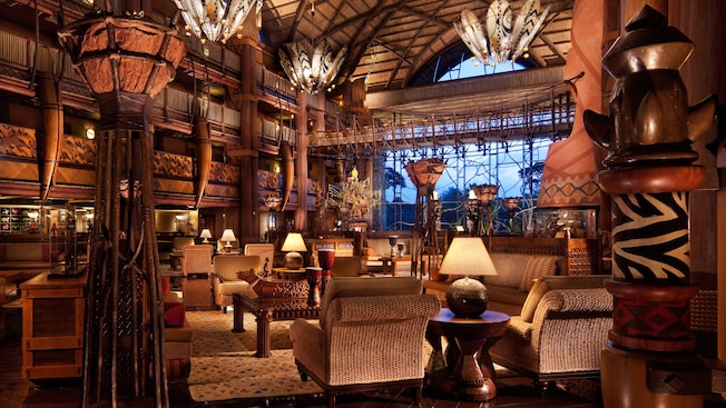 The grand African-themed lobby at Disney's Animal Kingdom Lodge