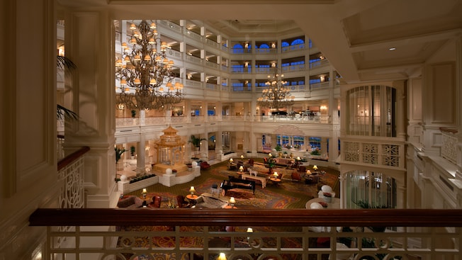 The lobby of Disney's Grand Floridian Resort & Spa as seen from a second-floor landing