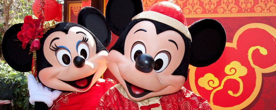 Mickey and Minnie dressed for the Happy Lunar New Year celebration at the Disneyland Resort