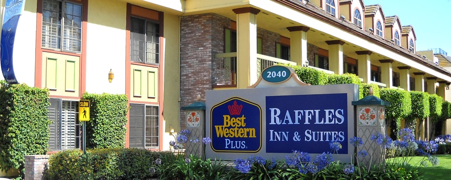 Best Western Plus Raffles Inn Suites Hotels Near Disneyland The Front Of Best Western Plus Raffles Inn Suites Accented With Hedges And Agapanthus Plants