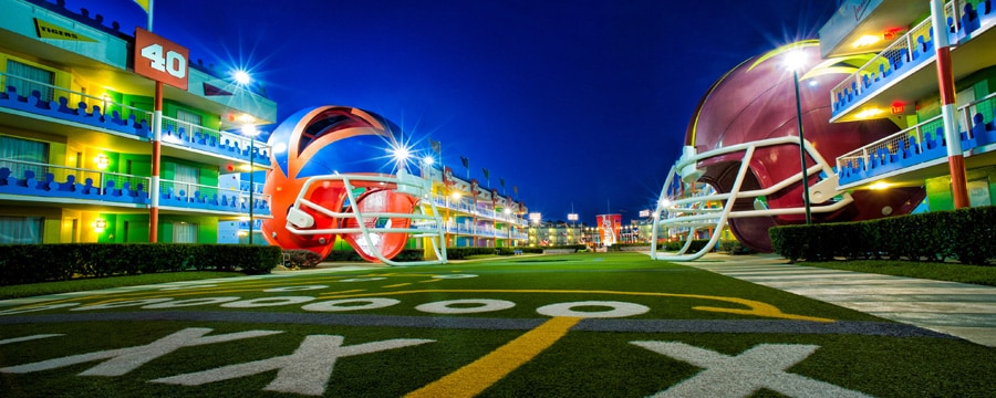 Giant helmets in the football-themed area of Disney's All-Star Sports Resort