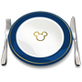 Un icono de un plato con un símbolo de Mickey y un tenedor y un cuchillo Un icono de un plato con un símbolo de Mickey y un tenedor y un cuchillo